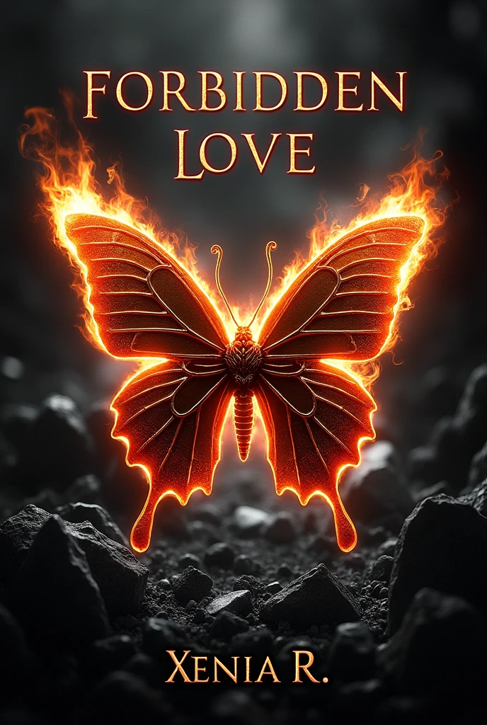 create a cover in the middle is a butterfly that is burning and in the background there are jewels and it should all be black and white. At the top it says "Forbidden love das Feuer" in large letters and at the bottom it says "Xenia R" in small letters.