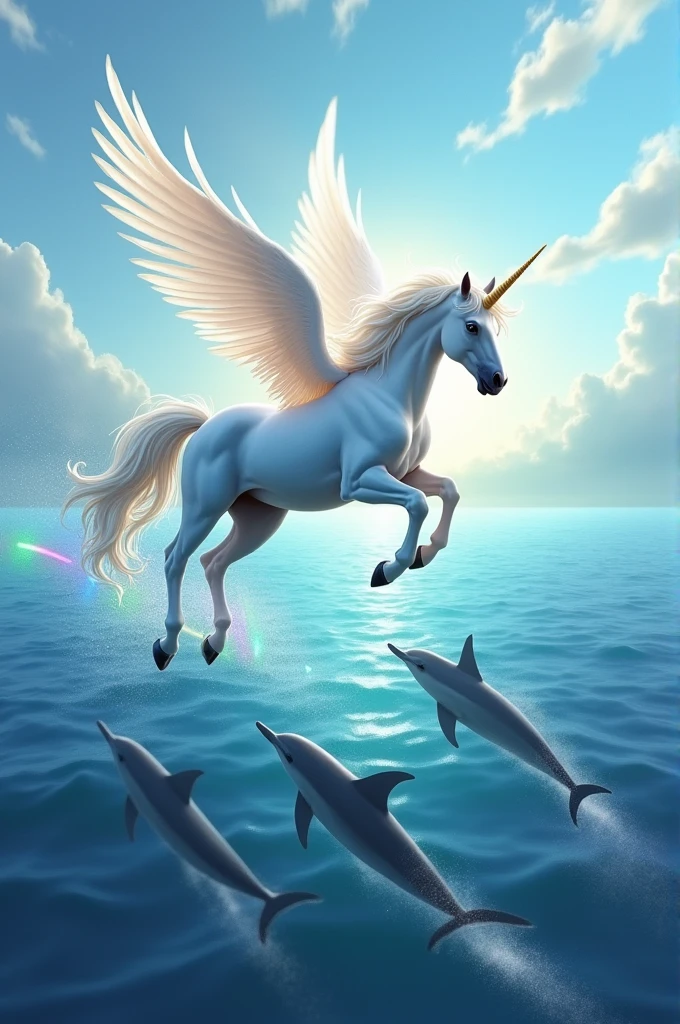 Alicorns flying under the sea with dolphins