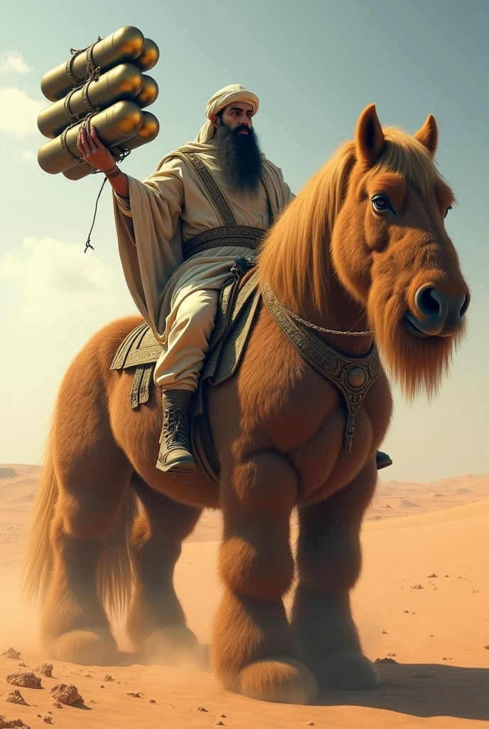 Arabian sheikh with long flowing beard riding an extremely muscular horse made of beard while holding many nuclear bombs