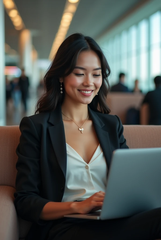 Photo of beautiful Colombian woman checking laptop at an airport while smiling