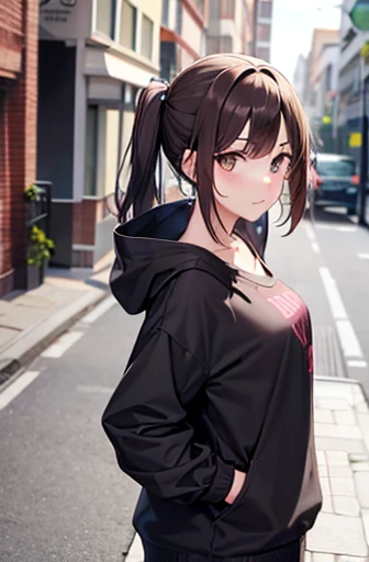 A girl walking around wearing a cute hot clotes, dark brown hair