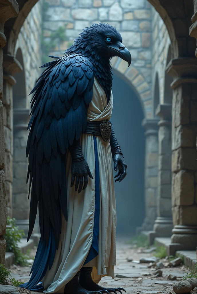 humanoid crow with black feathers and dark blue tips, deep blue eyes, whitish beak, having only the left wing in the same color scheme as its feathers, wearing a kind of long white tunic with blue details, sleeveless and hoodless, long claws on his hands and looking curious inside a ruined medieval prison saddle