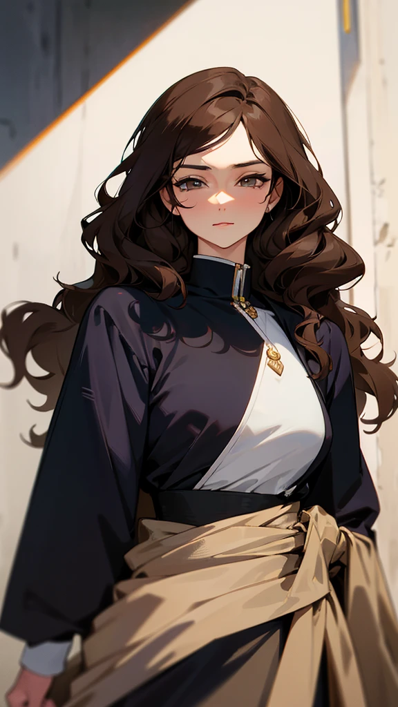 A woman in her 40s, of thin but strong build, with a stylish and confident appearance. He has dark brown hair, long and wavy, and big, bright eyes that reflect his kindness and protective nature..