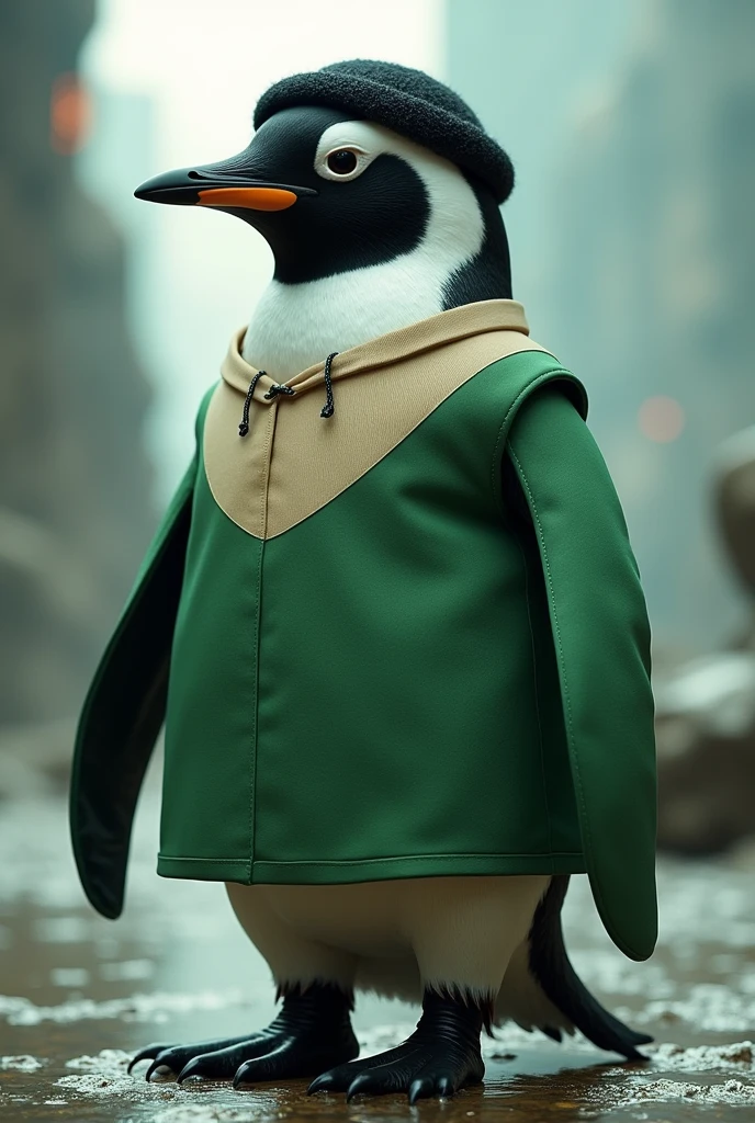 A Penguin, with a green shirt with a beige stripe in the middle,
wearing a black wool cap Futuristic and also a bit glitchy graphics