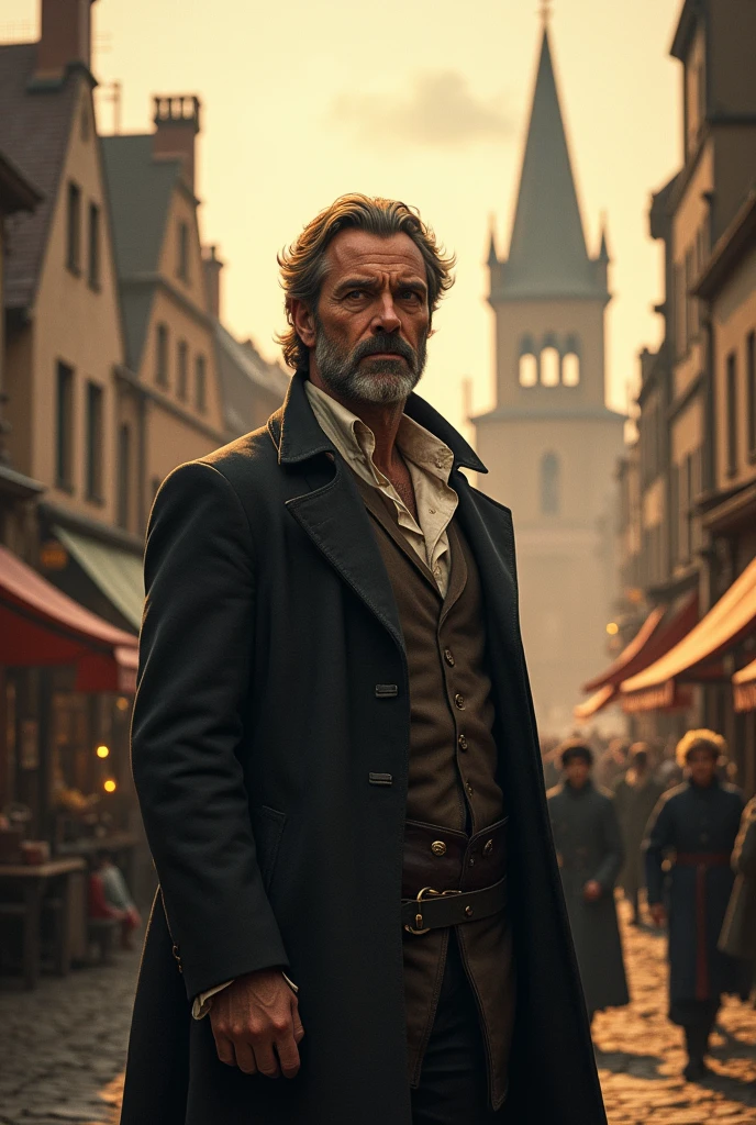 Create an image of Valjean after being released from prison in 1815, Jean Valjean adopts the identity of Monsieur Madeleine and moves to Montreuil-sur-Mer, where he uses the money he received from Bishop Myriel to open a factory.