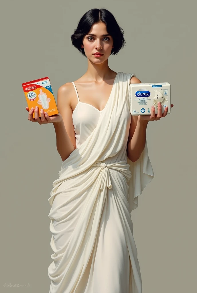 Sapphos from Lesbos in white dress woman with short dark hair holds Durex products in her hands stands behind Aphrodite and Zeus. Additional, Aphrodite in white dress and blonde hair, He is talking to Zeus