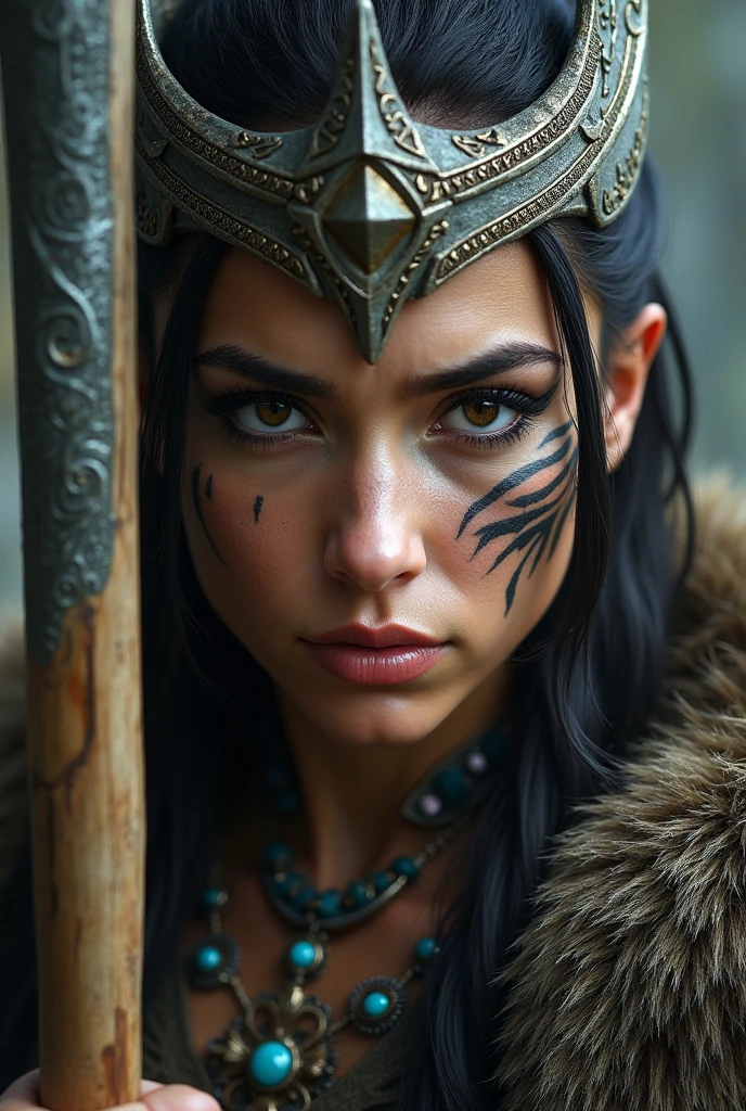 Close up of nordic female warrior with axe in hand, Woman, black eyes, axe next to the face, large crown on head , necklace beautiful stones on the neck,  tattooed face, Angry