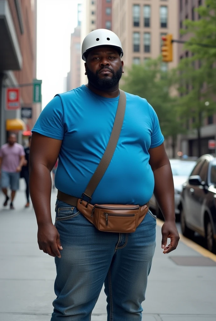 Black man on sidewalk and blue t-shirt, with a fanny pack and a white helmet, fat with big ass.