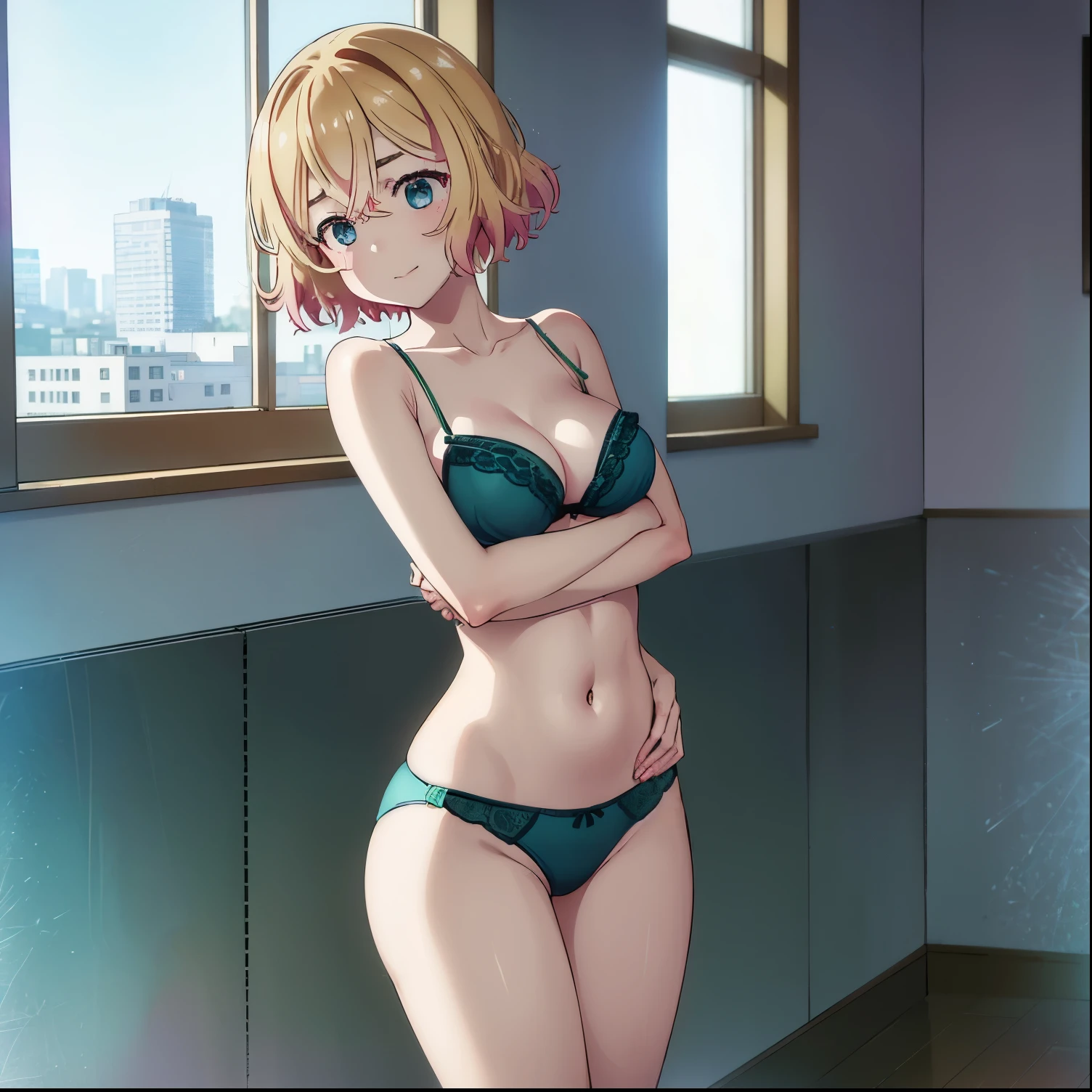 ((1girl)),((solo)),mami nanami, ultra detailed, sharp focus, detailed background, detailed eyes, masterpiece, dynamic posture, curvy body, perfect fingers, cowboy shot, hands on waist, looking at spectator, short hair, aqua eyes, blonde hair, hair between the eyes, medium breasts, narrow waist, wide hips, wide thighs, ((green lingerie, one-piece lingerie, exposed navel, exposed arms, exposed legs)), ( (alone)),((standing:1.4, interior, hotel room, room, windows, cityscape, Japanese city, good lighting, night, moon)), blush, seductive expression, smile, mouth closed, looking back, from back,((focus on hips:1.4)),((round butt)),pov(from below), perfect anatomy, perfect hands