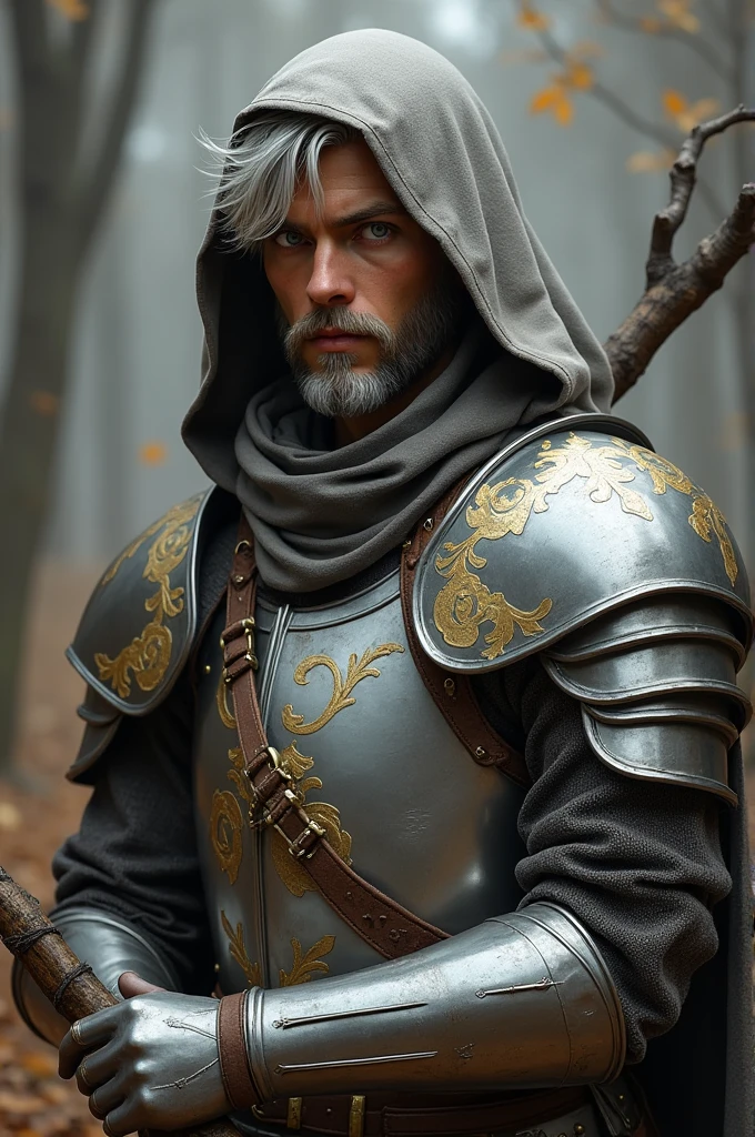 Young gentleman with a vagabond appearance, with large and wide armor, silver with gold flourishes, covered with a layer, head covered with hood, short beard, brown skin, medium short silver hair, illuminated white eyes, It rests on a stick that looks like a branch