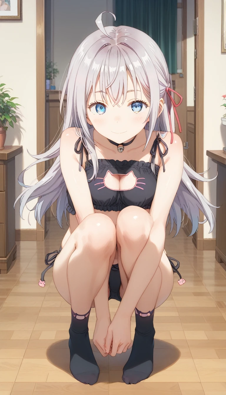 score_9, score_8_up, score_7_up, source_anime, masterpiece, absurdres, medium breasts, perfect face, 1girl, cute expression, smiling, looking at viewer, full body, background: bedroom, alisamikhailovna, alisamikhailovna kujou, long hair, bangs, blue eyes, tiara, ahoge, gray hair, red ribbon, (cat lingerie:1.1), (black lingerie:1.1)