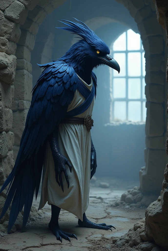 humanoid crow with black feathers and dark blue tips, deep blue eyes, whitish beak, having only the left wing in the same color scheme as its feathers, wearing a kind of long white tunic with blue details, sleeveless and hoodless, long claws on his hands and looking curious inside a ruined medieval prison saddle