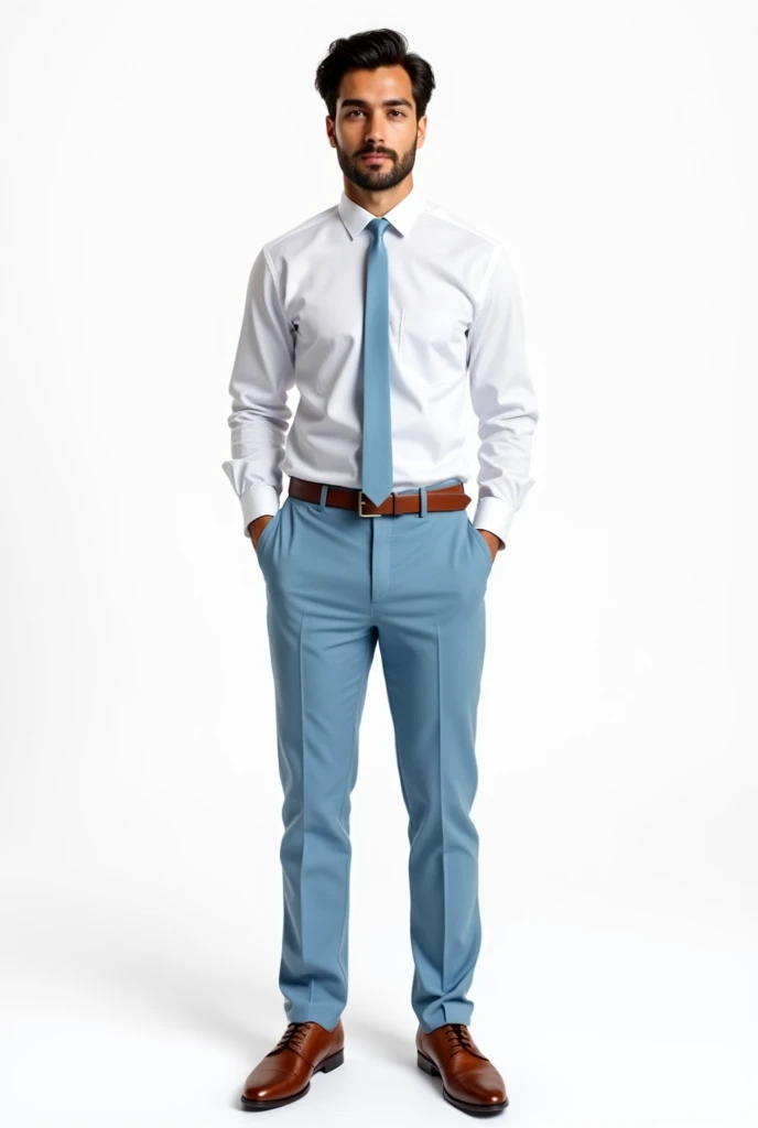 A young Brazilian man in a white dress shirt with a light blue tie and serenity blue dress pants , and brown shoe full body white background