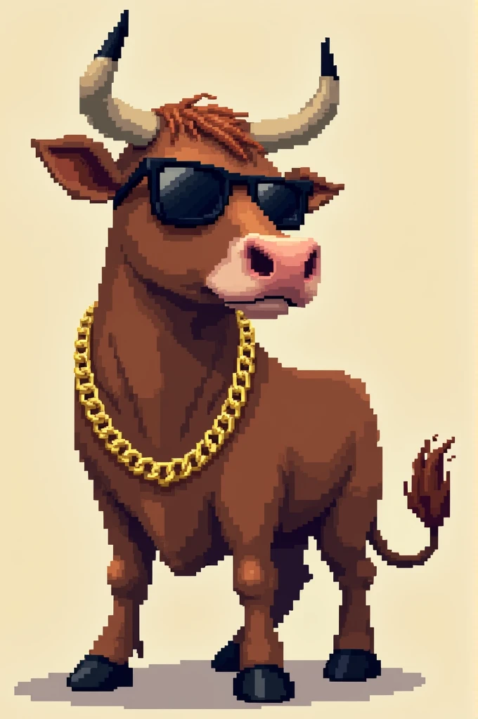 A low-resolution pixelated and humanized brown bull wearing sunglasses and a gold chain posing sideways for a 32x32 photo