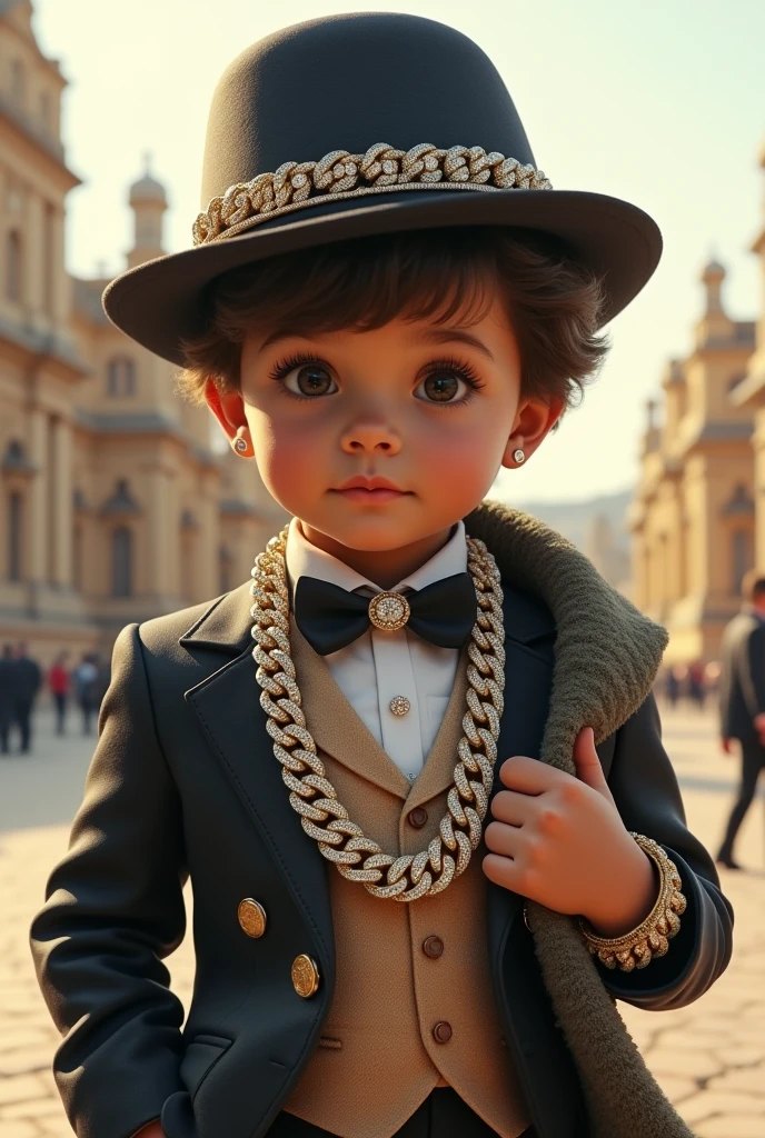 A tycoon style child with diamond chain and cap in an open place