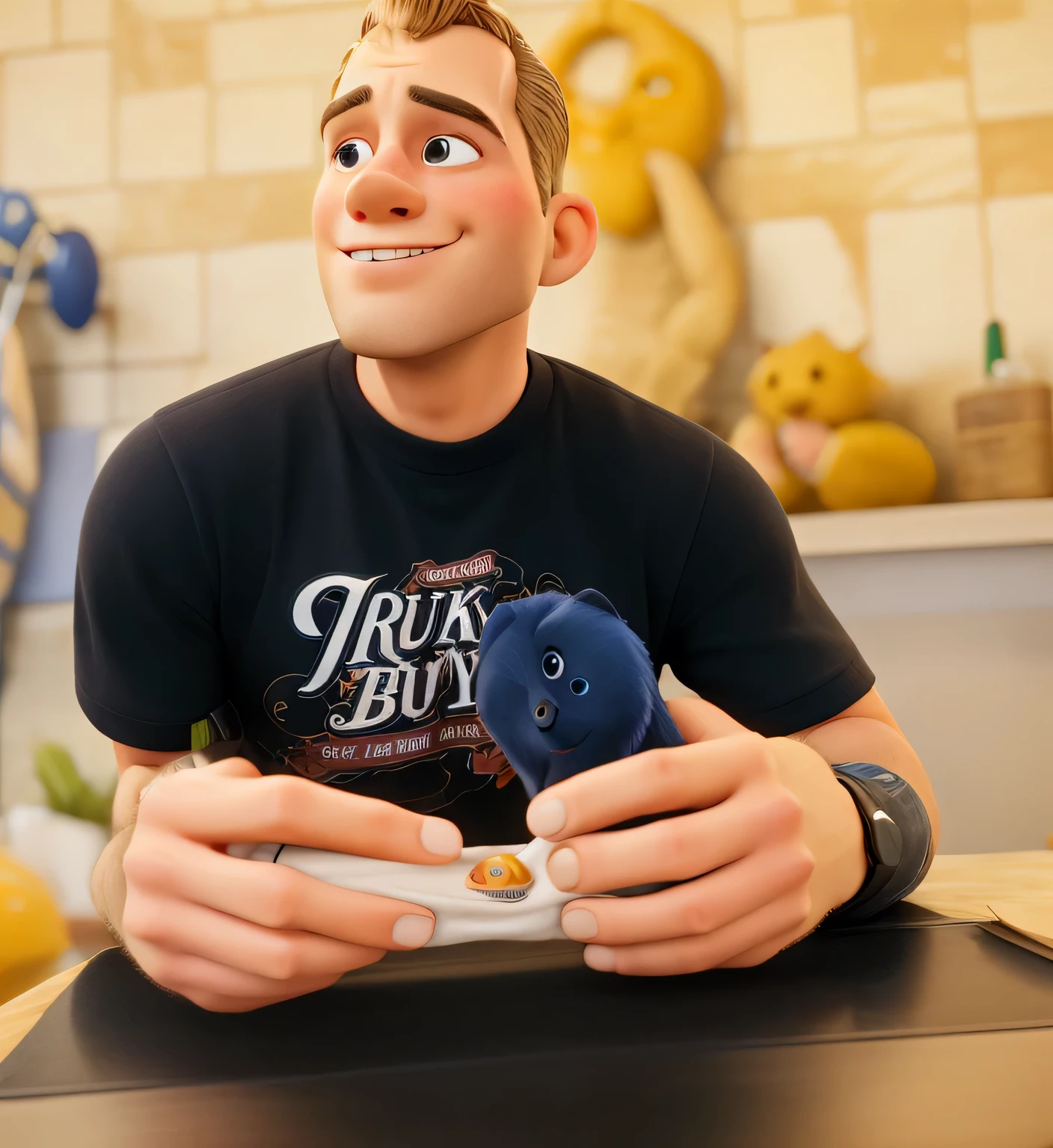 (Photorealism:1.2), small dark-haired European man with cigarette in mouth playing with his Playstation 5 controller where the charging cable is connected. Next to him there should be chips and cola. Brockel is said to be written on his polo shirt