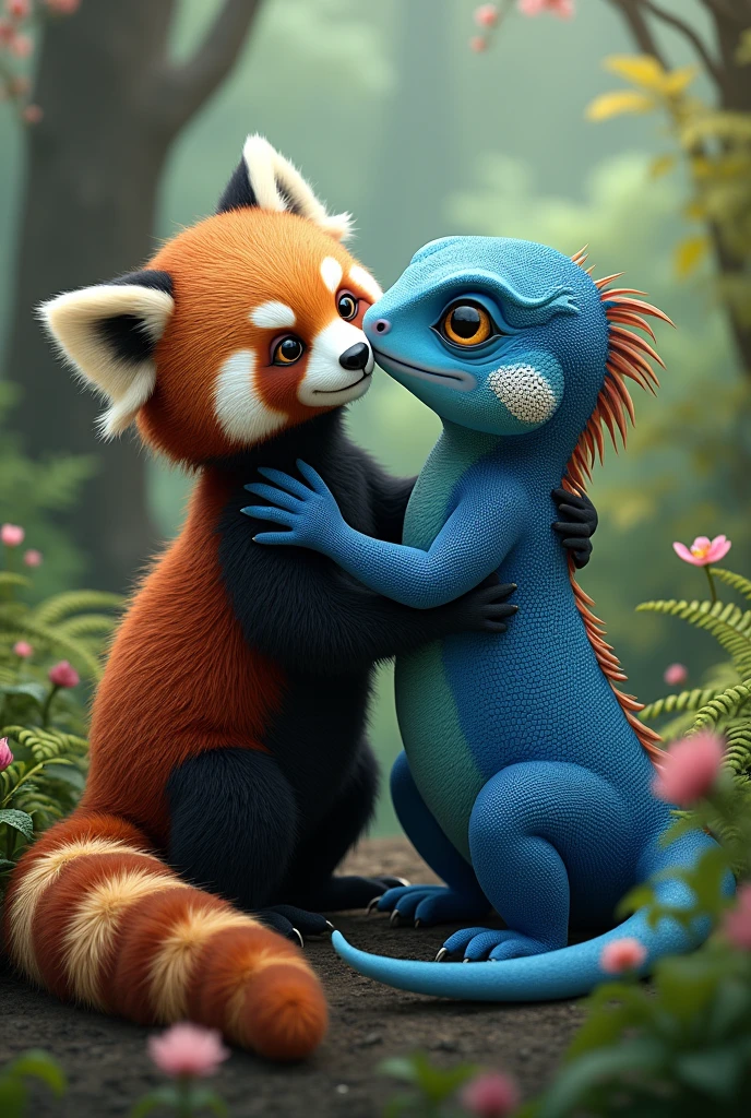 Blue male lizard and female red panda love each other 