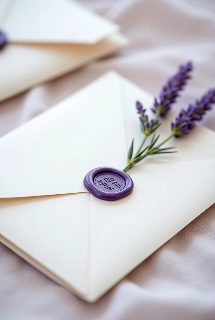 Wedding invitation with white envelope and lilac wax seal with lavender flower