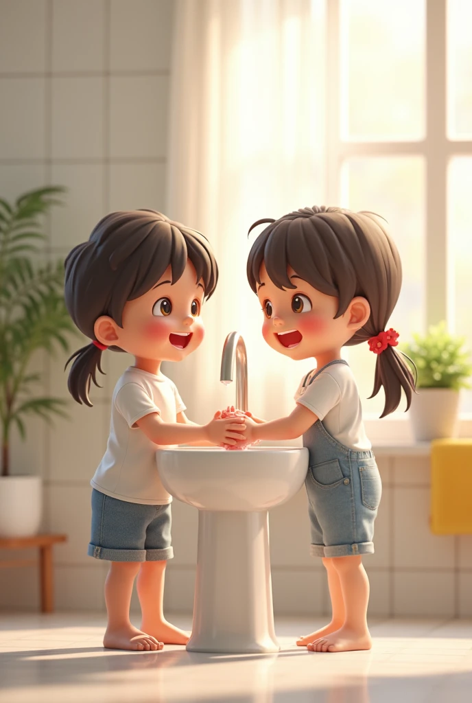CREATE A PICTURE WHERE TWO CHILDREN ARE WASHING THEIR HANDS