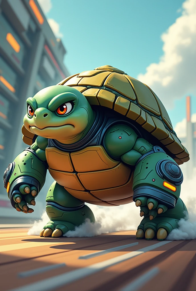 The Pokémon Blastoise in a post-apocalyptic world wearing a bib with the number 306.