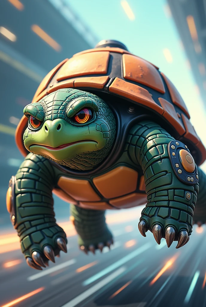 Create an illustration of a fast, technological turtle with equipment that makes it fast. The expression is determined and the illustration style is cartoon
