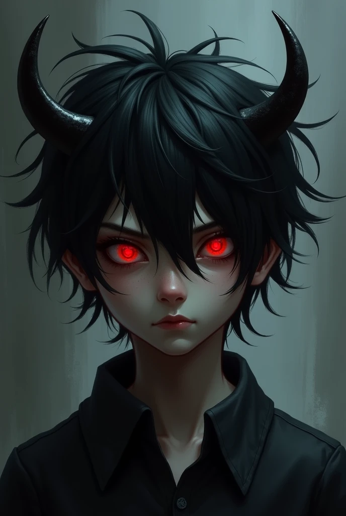 A  boy with a demonic look. He have black messy hair falling on his forehead. His eyes are glowing red. He has two black horns on his head. He looks stoïc. 