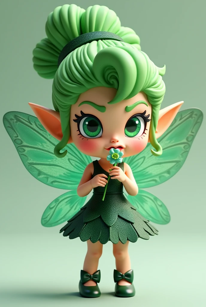 C4D model, a chibi-style fairy version of Disgust, with bright green hair styled in a stylish updo, wearing a dark green dress with leaf patterns. She has shimmering emerald green wings and holds a tiny flower with a disdainful expression. Her shoes are dark green heels with elegant bows, matching her sophisticated and slightly sassy demeanor.