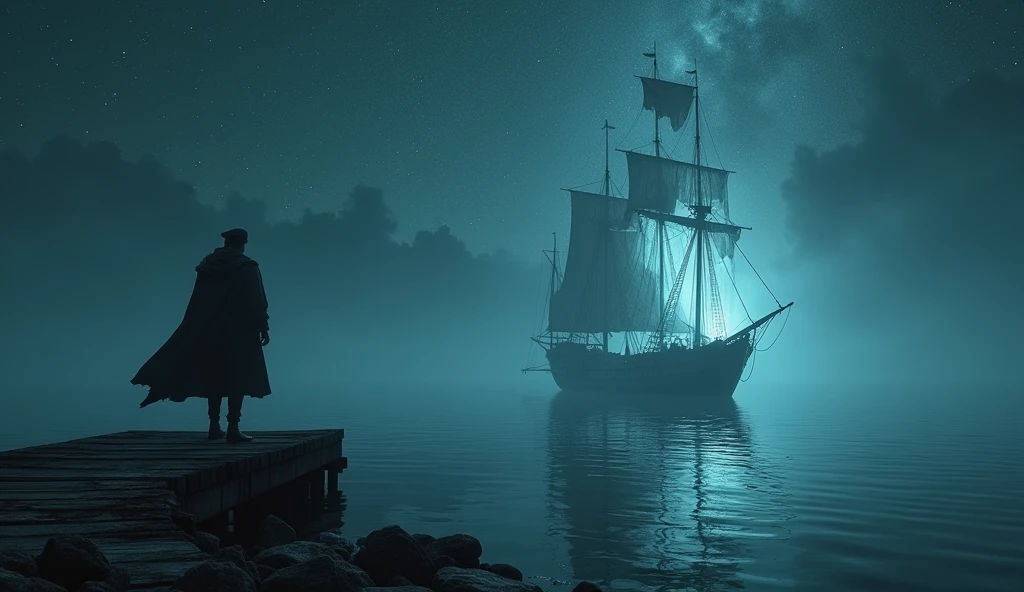 A cinematic and dark image of a medieval sailor standing on an abandoned, weathered dock, staring in awe at a ghostly ship floating on a sea of stars. The boundary between the sky and the sea is nearly seamless, creating the illusion that the ship sails through the vastness of space itself. The stars above are mirrored perfectly in the calm water below, making the scene otherworldly and surreal. The ship, with tattered sails glowing faintly, appears both ethereal and ominous. The sailor, captivated and seemingly entranced, stands at the edge of the dock, with one foot poised as if ready to step onto the spectral vessel that promises a journey into the unknown. The atmosphere is heavy with mystery, as the soft light of the stars casts a dim, eerie glow over the scene, blending the line between reality and the supernatural., Surrealism, Hyperrealism, UHD, retina, masterpiece, accurate, anatomically correct, textured skin, super detail, award winning, 16k