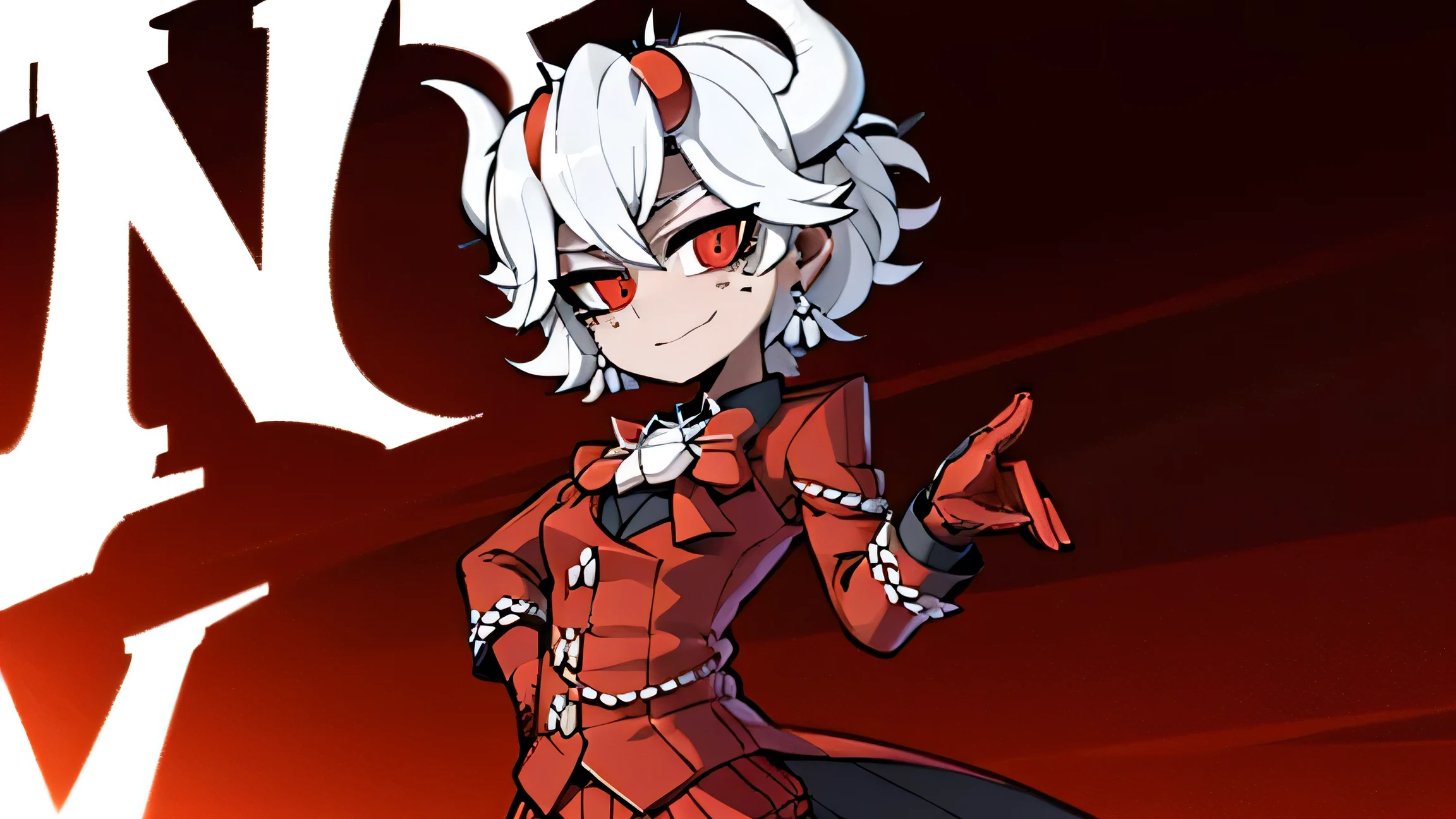 red bow tie,1 girl, looking at viewer, red eyes, demon horns, white hair, smile, earrings, closed mouth, demon girl, red gloves, gloves, jewelry, horns, white horns, alone, hair between eyes, jean shot , alone, short hair, school uniform, skirt, standing, pointing with hand and finger up and with the other arm behind the back with a surprised face, classroom