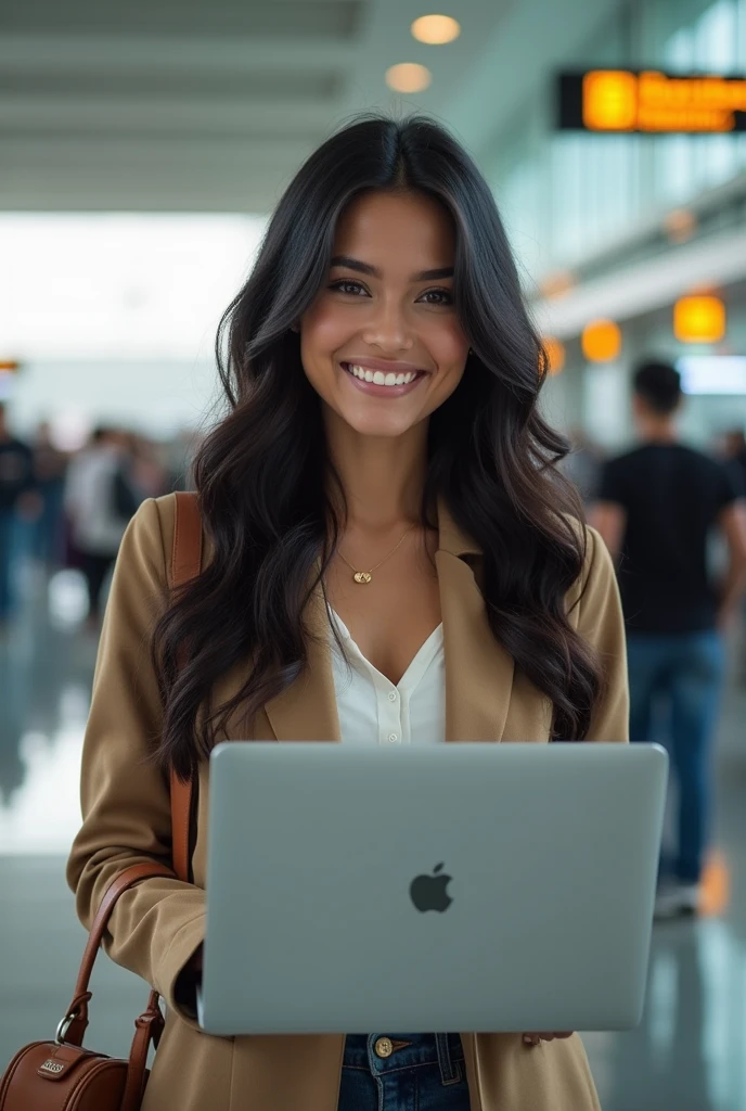 Full body photo of beautiful Colombian woman checking laptop in an airport while smiling