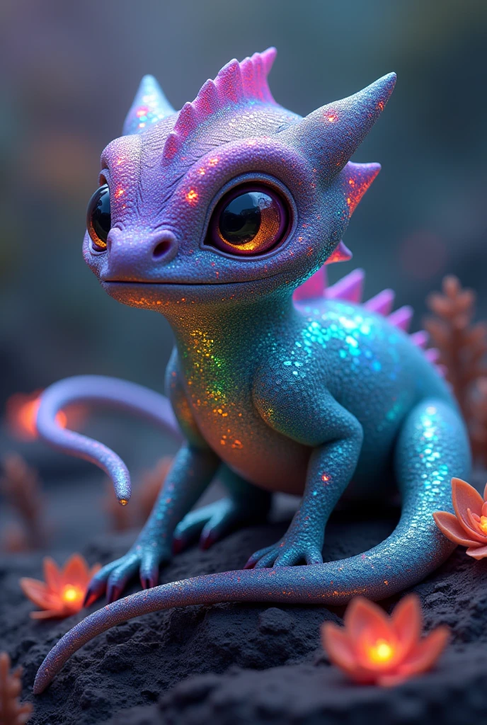 Create an alien animal Zerilon lives on the planet Aquaris. It is covered with shiny scales., shimmering with all the colors of the rainbow. Zerilon has three eyes and a long, flexible tail, which helps him balance on sharp rocks. It feeds on glowing plants and has the ability to change color., blending in with the surroundings.