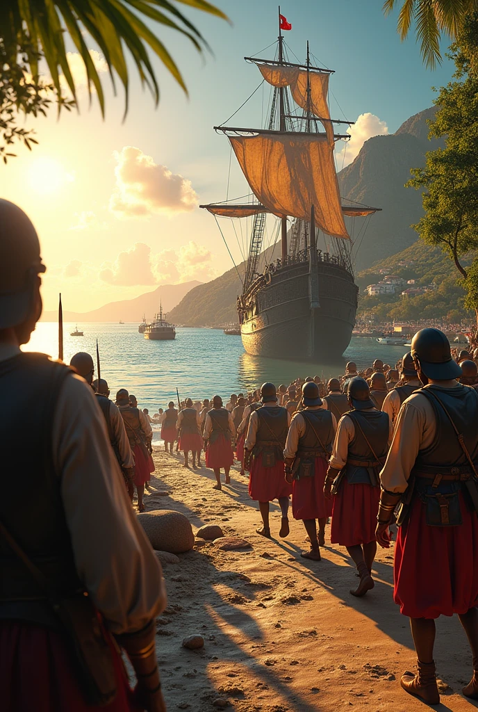 Create a gif of Portuguese soldiers leaving the ship in 1500