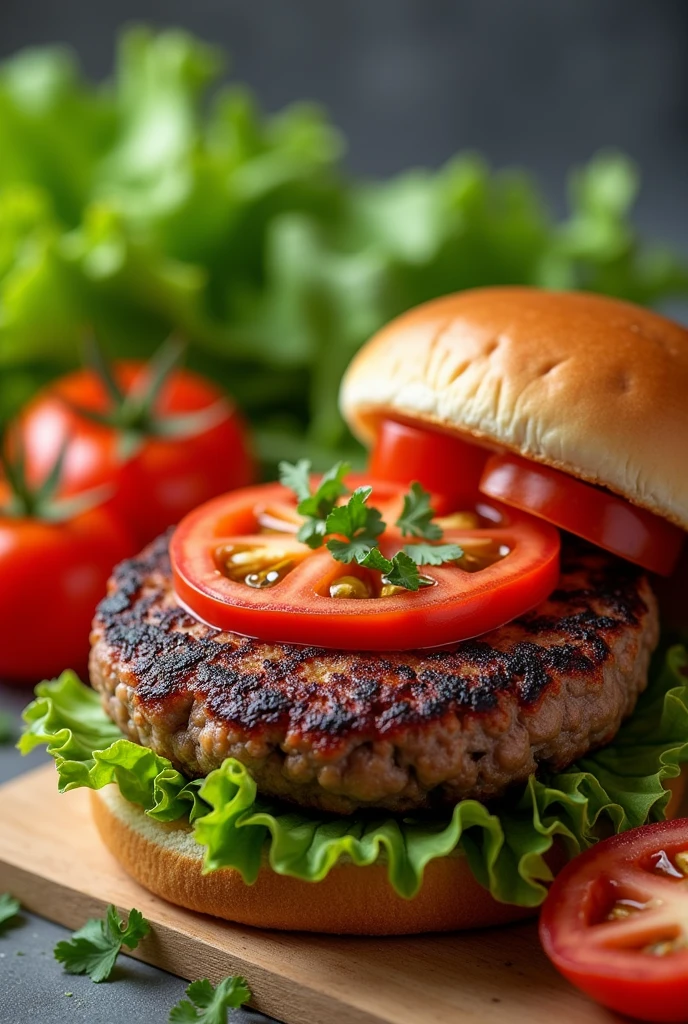 Food photography , studio photography ,burger patty ,focus on the delicious patty, vibrant toppings, vegetables,natural colors , natural features.