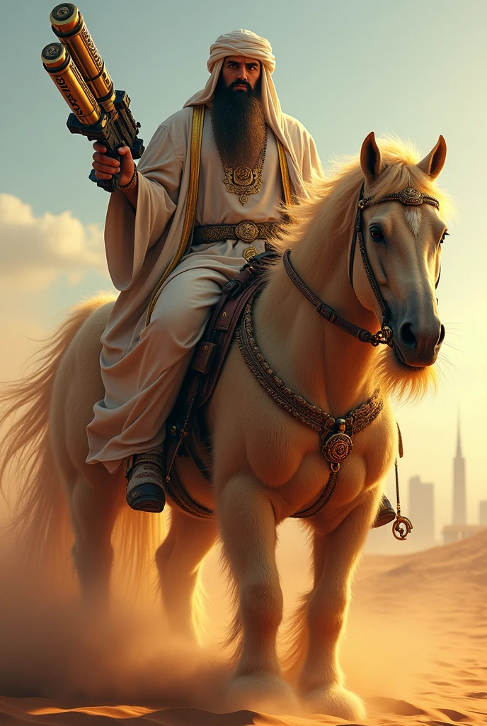 Arabian sheikh with long flowing beard riding an extremely muscular veiny chad horse made of beard while holding many bazookas filled with cat miniguns