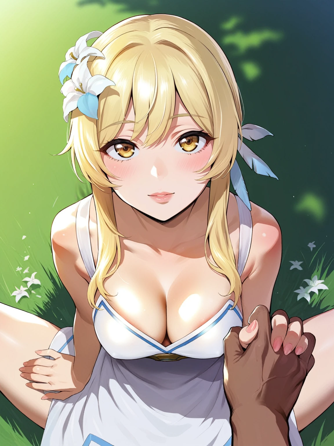 source_anime, rating_explicit, score_9, score_8_up, score_7_up, portrait, outdoors, lumine, sitting, grass, looking up, sitting down on th ground, looking at viewer, spread legs, dress, romance, romantic, ikuchan, high quality, masterpiece, date, dating, pov, holding hand, brown skinned male, arab male