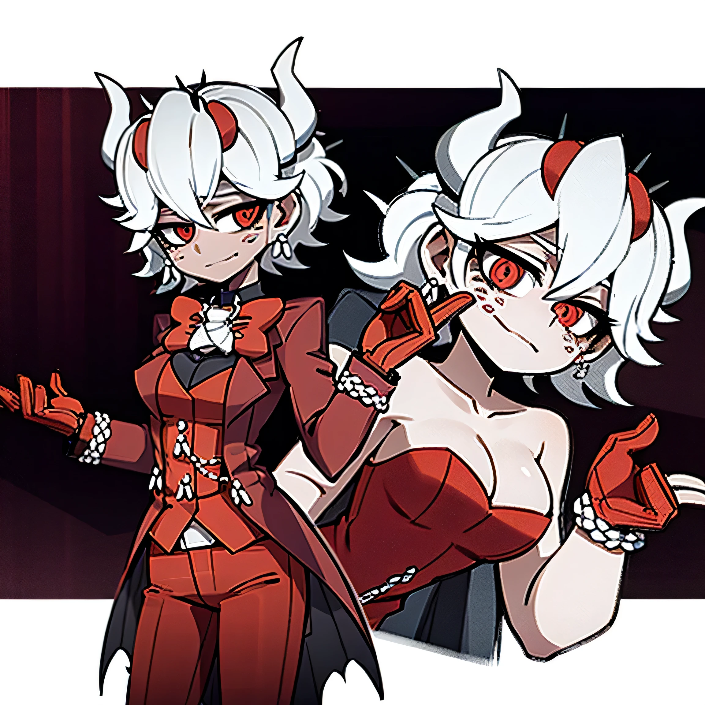 red bow tie,1 girl, looking at viewer, red eyes, demon horns, white hair, smile, earrings, closed mouth, demon girl, red gloves, gloves, jewelry, horns, white horns, alone, hair between eyes, jean shot , alone, short hair, red pants, standing, pointing with his hand and finger up and with the other arm behind his back with a surprised face, classroom