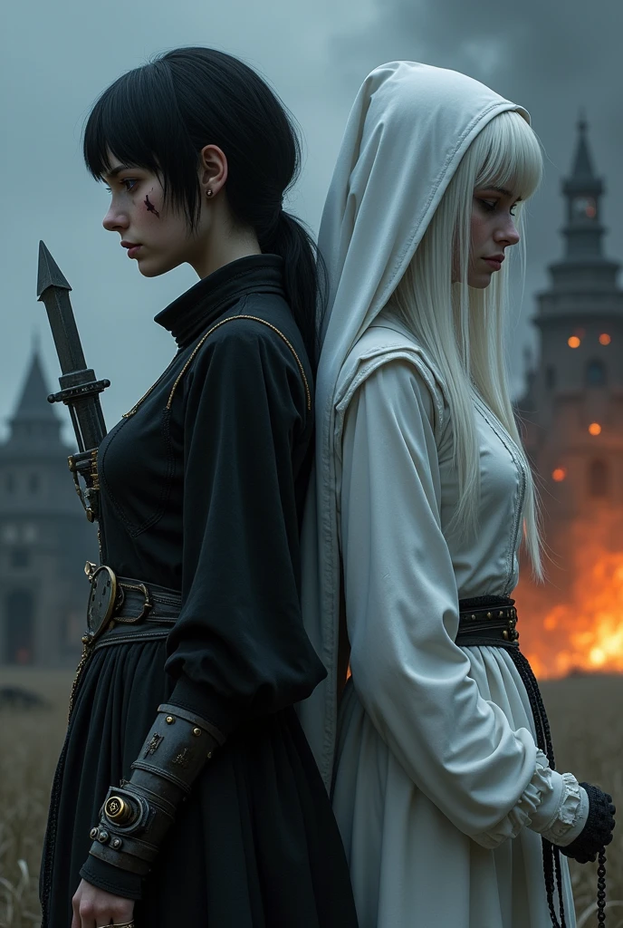Two pale young women of the Middle Ages standing back to back with violet eyes, with the one on the left with a suffering eye, dark alchemist clothes and left arm with a steampunk technology prosthesis, holding a dagger with a pentagram, short black hair with a cut on the face, and the one on the right with white nun clothes holding a rosary with sad closed eyes long white hair with a burning castle behind , the night 