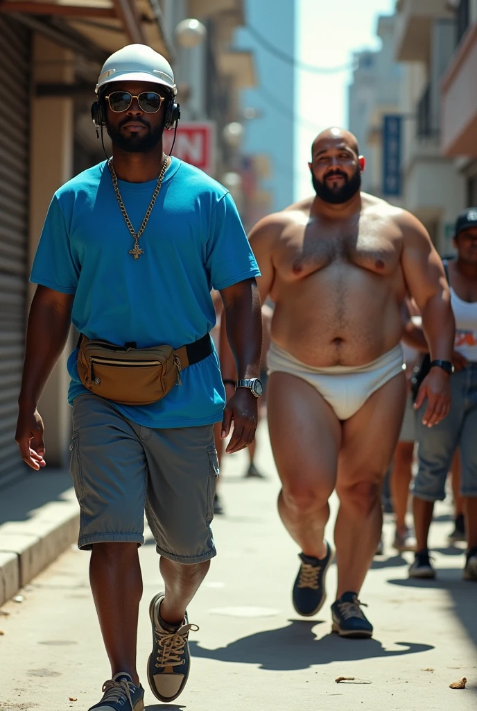 Black man on sidewalk and blue t-shirt, with a fanny pack and a white helmet, fat guy with a big ass in a diaper