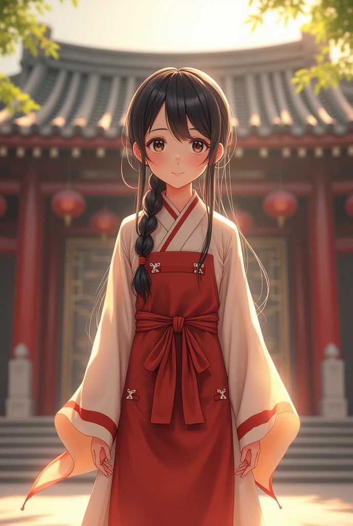 1 girl,legs,a girl at Building,(((Building))), braided bangs,braided ponytail,(One:1.2),apron,thick thighs,panties with drawstrings on the side, black hair, ,I look at the viewer, Sun Ray,Hanfu,