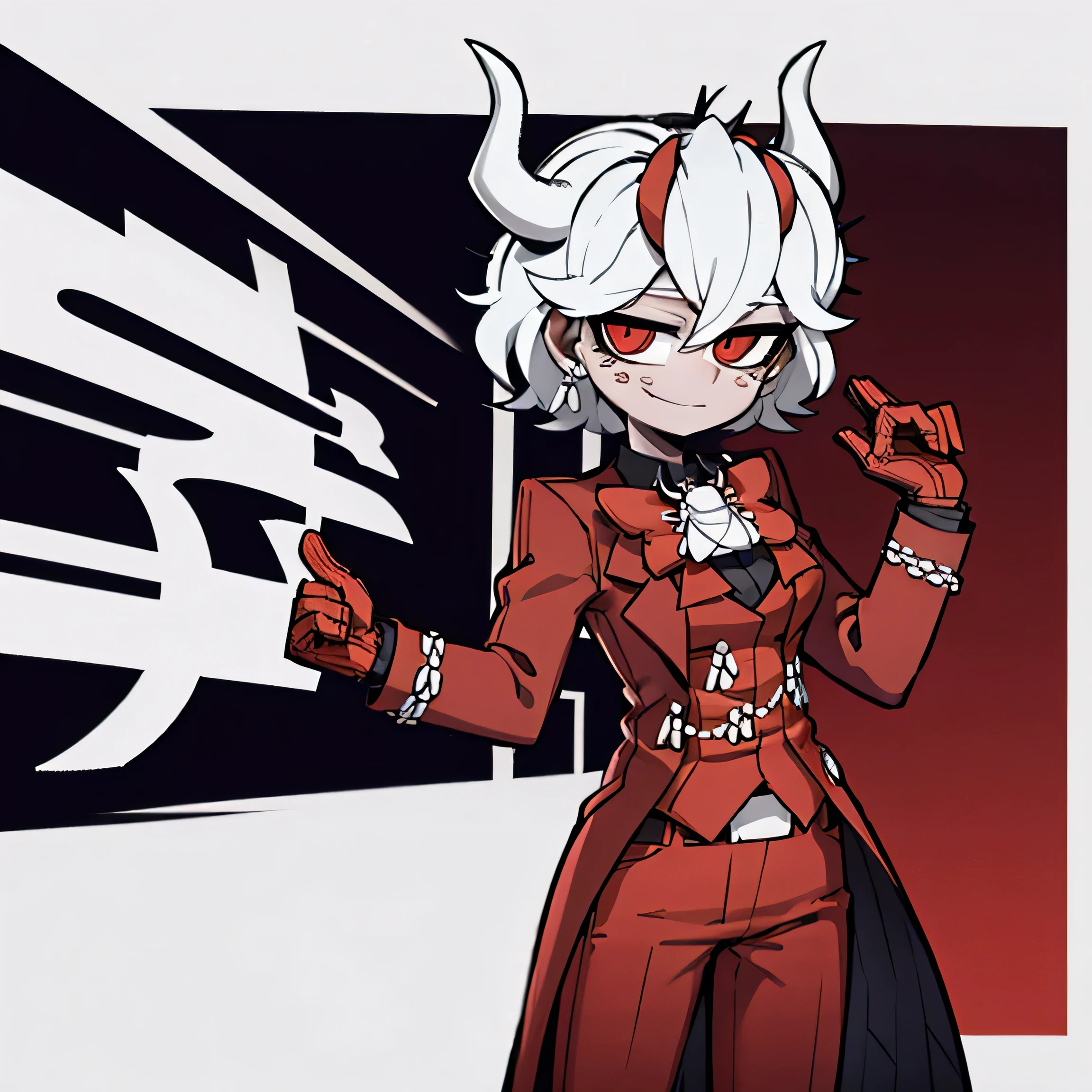 red bow tie,1 girl, looking at viewer, red eyes, demon horns, white hair, smile, earrings, closed mouth, demon girl, red gloves, gloves, jewelry, horns, white horns, alone, hair between eyes, jean shot , alone, short hair, red pants, standing, pointing with his hand and finger up and with the other arm behind his back with a surprised face, classroom