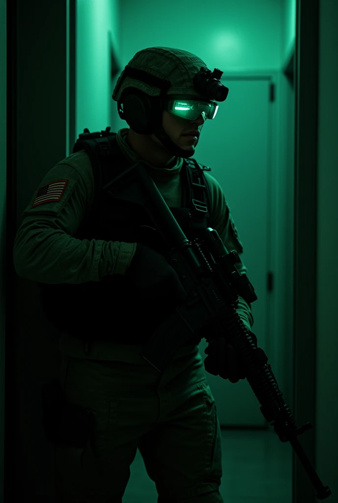 USA special forces soldier peeking into a room with his rifle with night vision goggles in the night 