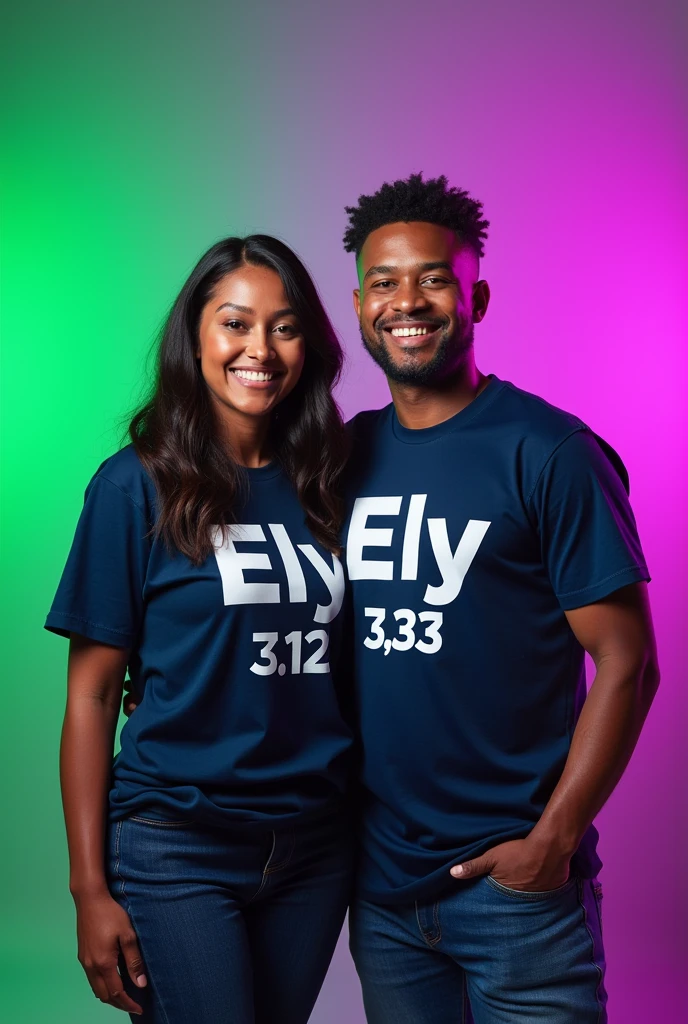 Create image of man and woman with diversity with green and purple colors wearing shirt with name Ely with campaign number 33.133 in evidence