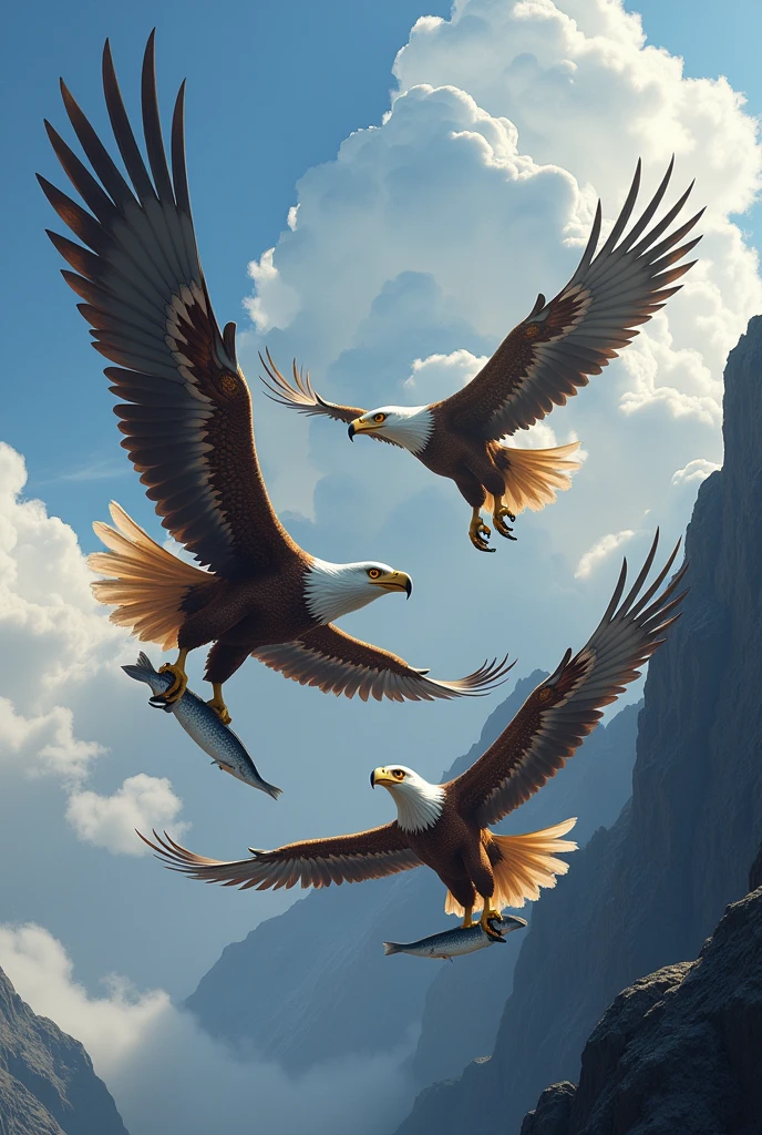 4 eagles flying back to a cliff with fish in their mouths