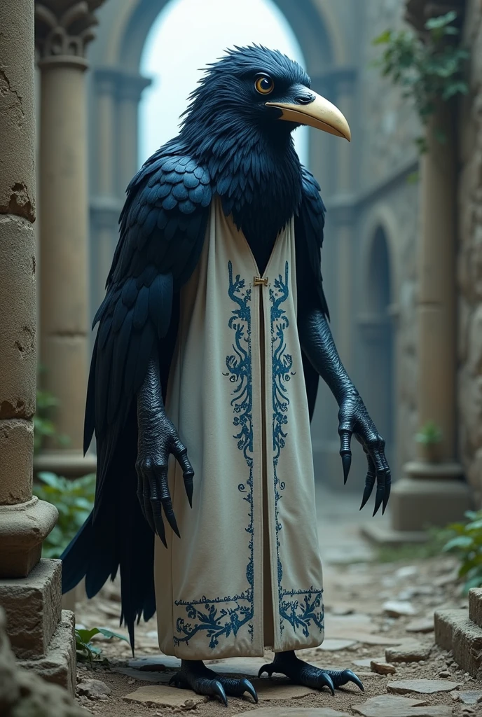humanoid crow with black feathers and dark blue tips, deep blue eyes, whitish beak, having only the left wing in the same color scheme as its feathers, wearing a kind of long white tunic with blue details, sleeveless and hoodless, long claws on his hands and a curious look, husband as a prisoner in a ruined medieval facility
