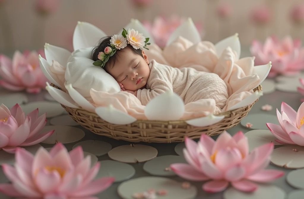 there is a baby sleeping in a basket with flowers on the ground, inspired by Anne Geddes, lotus floral crown girl, lying on lily pad, award winning studio photo, sitting on a lotus flower, peaceful and graceful, elegant floating pose, dreamy and detailed, by Anne Geddes, anna nikonova, standing gracefully upon a lotus