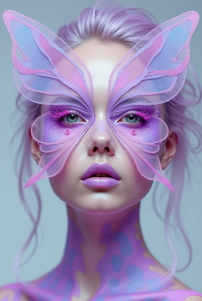 Colorful butterfly makeup , only with makeup , with futuristic design , only with makeup , lila, and pastel colors , only with makeup realiza el diseño