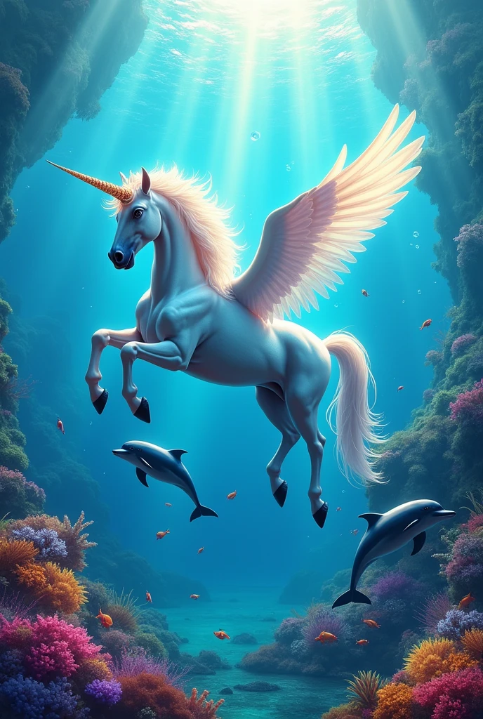 generate me a unicorn flying in the sea with dolphins and a colorful background