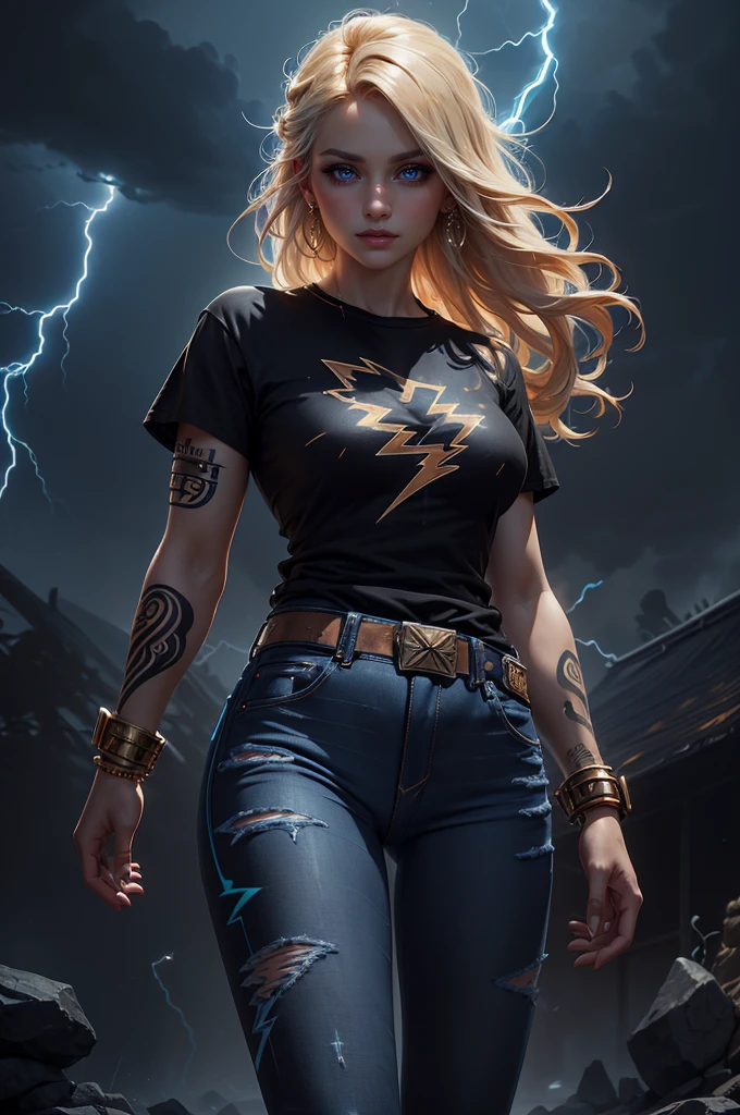 masterpiece, Cowboy shot, (1woman), (golden hairs), (((Black tshirt:1.2))),((((jeans pants)))), (beautiful blue seductive eyes), ((((tribal tattoo on hands)))), White, Orange and Blue colors, Foggy background, Graceful pose, (looking at viewer), (front view), (from sky), (bokeh:1.2),(lightning power,thunder power,lightning aound her hands,thunder around her hand,lightning in eyes,thunder in eyes,goddess of thunder,goddess,goddesson thunder)
