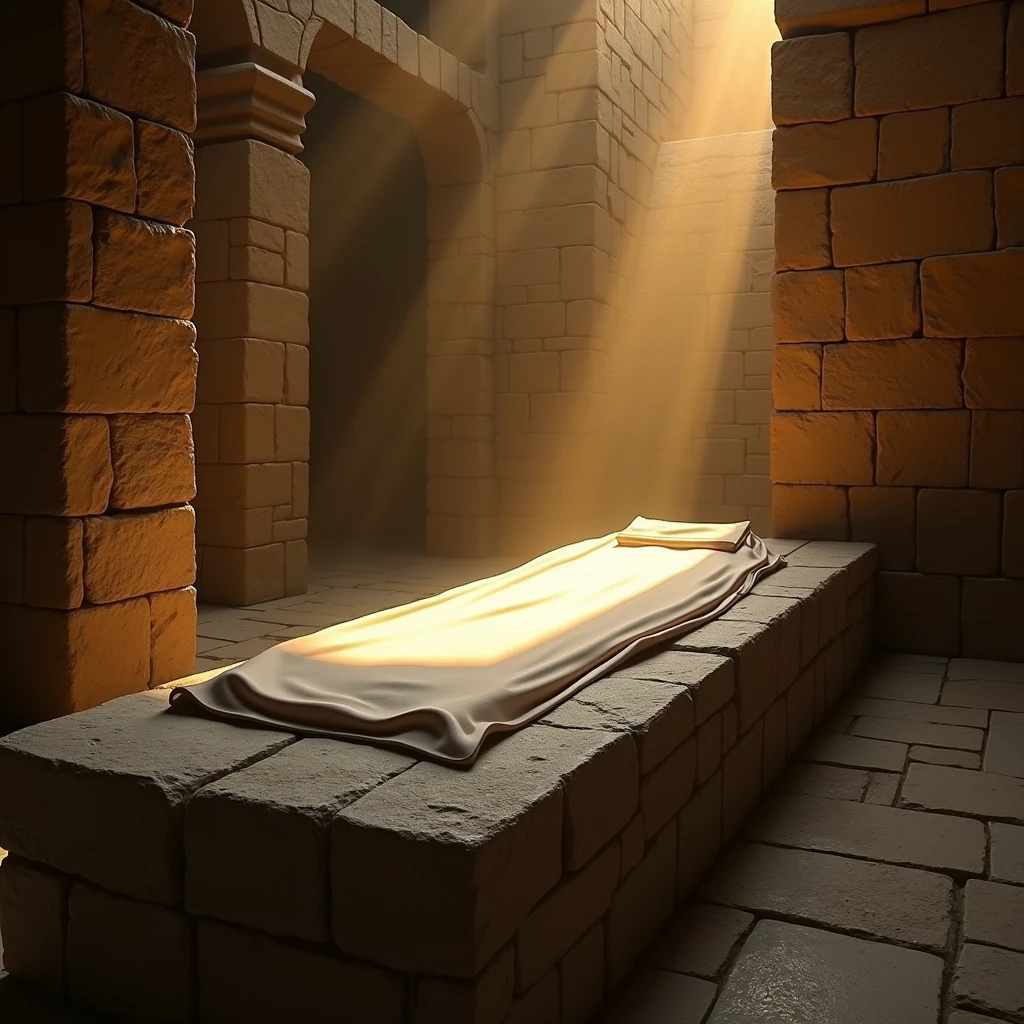 the tomb of Jesus Christ empty, with the stone bed having a folded sheet where the head was, with a beam of sunlight illuminating the sheet directly and the rest of the tomb indirectly