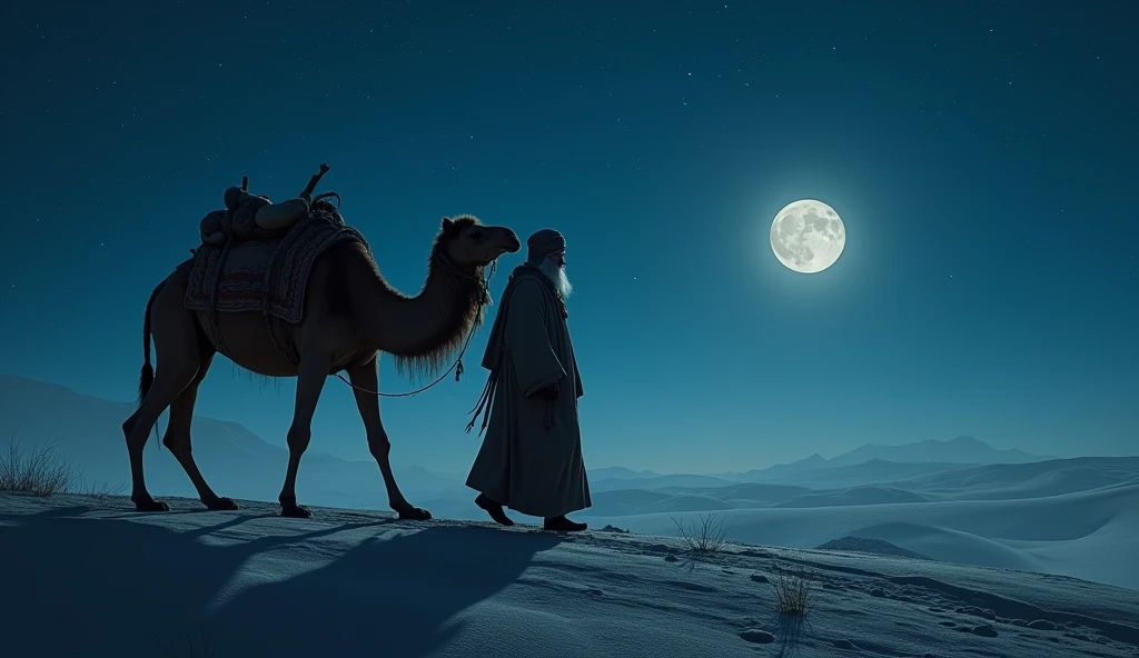 Here’s the English prompt for generating the image:
"A cold winter night under a starry sky. An old religious man wearing a traditional turban and long cloak is on a journey through a vast, desolate desert. He is accompanied by a camel loaded with supplies for the journey. The scene is illuminated by the moonlight, highlighting the man's silhouette against the night sky. The cold air is palpable, with mist visible as he breathes, creating an atmosphere of solitude and endurance."